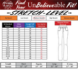Cowgirl Tuff pants size chart with stretch level and measurement details.