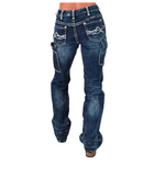 Blue jeans with decorative stitching on a white background