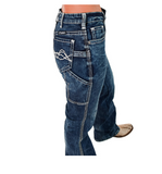 Blue jeans with white stitching on a white background