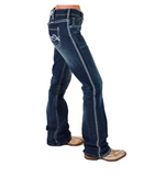 Dark blue jeans with white stitching on a white background