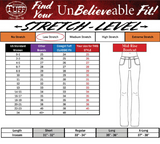Pants size chart with stretch level and fitting information on a red background