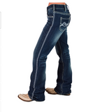 Blue jeans with white stitching on a white background