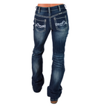 Blue jeans with white stitching on a white background
