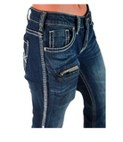 Close-up of blue jeans with a white background