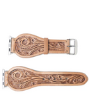 The Lone Star Hand Tooled Leather Watch Band in Light Saddle Tan in a white back ground.