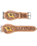 The Lone Star Hand Tooled Leather Watch Band in Antique Tan in a white back ground.