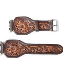 The Lone Star Hand Tooled Leather Watch Band in Antique Mahogany in a white back ground.