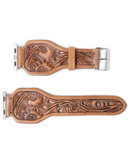 The Lone Star Hand Tooled Leather Watch Band in Antique Saddle Brown in a white back ground.