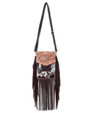 The Reveena Hair on Hide Fringe Phone Crossbody Bag in a white back ground.