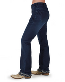 Navy blue jeans worn by a person on a white background