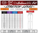 Cowgirl Tuff pants size chart with stretch level and measurements.