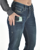 Model wearing Denim Flannel jeans phone in pocket 