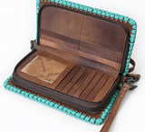 Brown leather wallet with turquoise trim on a white background