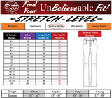 Size chart for women's pants with stretch level and waist measurement guide.