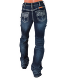 Blue jeans with decorative stitching on a white background