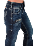 Blue jeans with a focus on the front phone pocket and zipper area on a white background