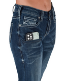 Blue jeans with a smartphone in the thigh pocket on a white background