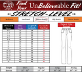 Cowgirl Tuff size chart for pants with stretch level options and waist measurements.