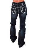 Dark jeans with white stitching on a white background