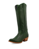 Green leather boot with a brown sole on a white background