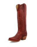 Cranberry cowboy boot with intricate stitching on a white background