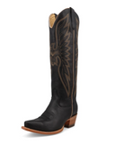 Black cowboy boot with brown leather sole on a white background