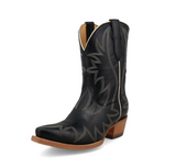 Black cowboy boot with brown sole on a white background