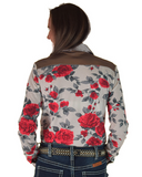 Woman wearing a floral jacket with red roses on a white background