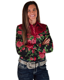 Woman wearing a floral blouse with a red collar on a white background