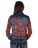 Woman wearing a red floral shirt with a blue collar on a white background