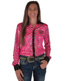 Woman wearing a pink leopard shirt with black accents on a white background