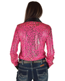 Person wearing a pink leopard shirt and blue jeans on a white background