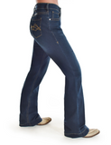 Right side view of model wearing boot cut jeans.