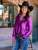 Cowgirl Tuff Satin Hustle Pullover Button Up in Lavender Luv