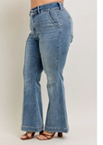 Steph High Waisted Trouser Flares being modeled on a women in front of white background.