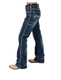 Blue jeans worn by a person on a white background
