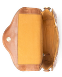Open brown leather handbag with a white interior on a white background