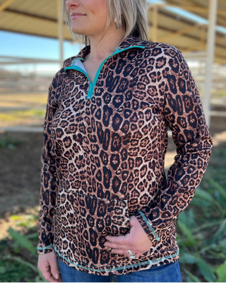 Hear Me Roar Leopard Pullover with Turquoise Zip by Sterling Kreek
