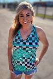 Model Smiling wearing the Miles Ahead Checkered Tank Top