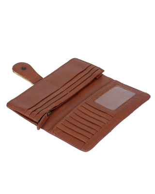 A brown leather wallet shown open, featuring multiple card slots, a zipper compartment, and a clear ID window, set against a plain white background.