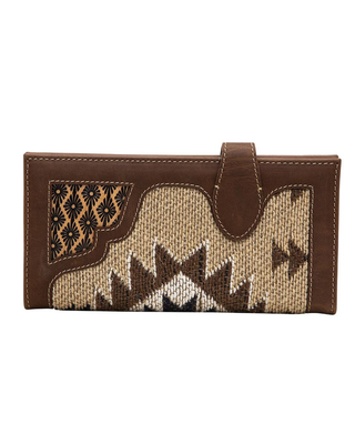 A brown leather and woven textile clutch wallet with a geometric patterned design, shown against a plain white background.