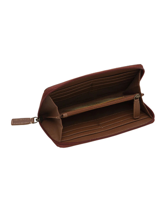 An open brown leather zip-around wallet with multiple card slots and an interior pocket, shown on a plain white background.