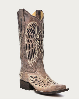 Night Halo Cross and Wings Square Toe Boots in Brown and Black by Corral Boots