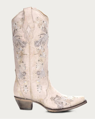 Crystal Meadow Floral Snip Toe Boots in White by Corral Boots