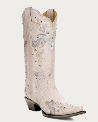 Crystal Meadow Floral Snip Toe Boots in White by Corral Boots