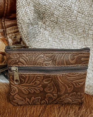 Sadie Embossed Leather Zipper Coin Pouch in Brown by Countryside Co.
