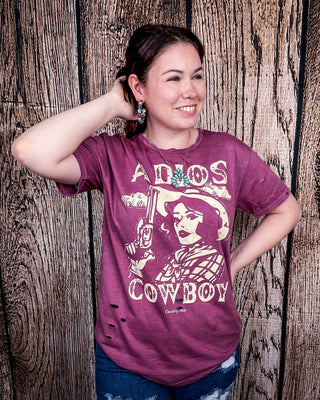 Adios Cowboy Distressed Graphic Tee - Vintage Berry – Apparel from Bronco Western Supply Co.
