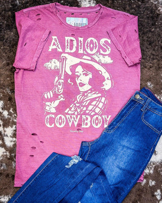 Adios Cowboy Distressed Graphic Tee - Vintage Berry – Apparel from Bronco Western Supply Co.