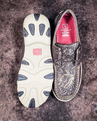 Adrienne Twisted X Boat Shoe Driving Moc - Brown & Embossed Flower – Women's Shoes from Bronco Western Supply Co.