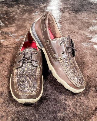 Adrienne Twisted X Boat Shoe Driving Moc - Brown & Embossed Flower – Women's Shoes from Bronco Western Supply Co.